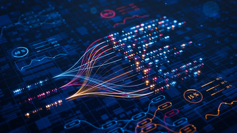 AI and big data analytics dashboard showing neural networks and data streams