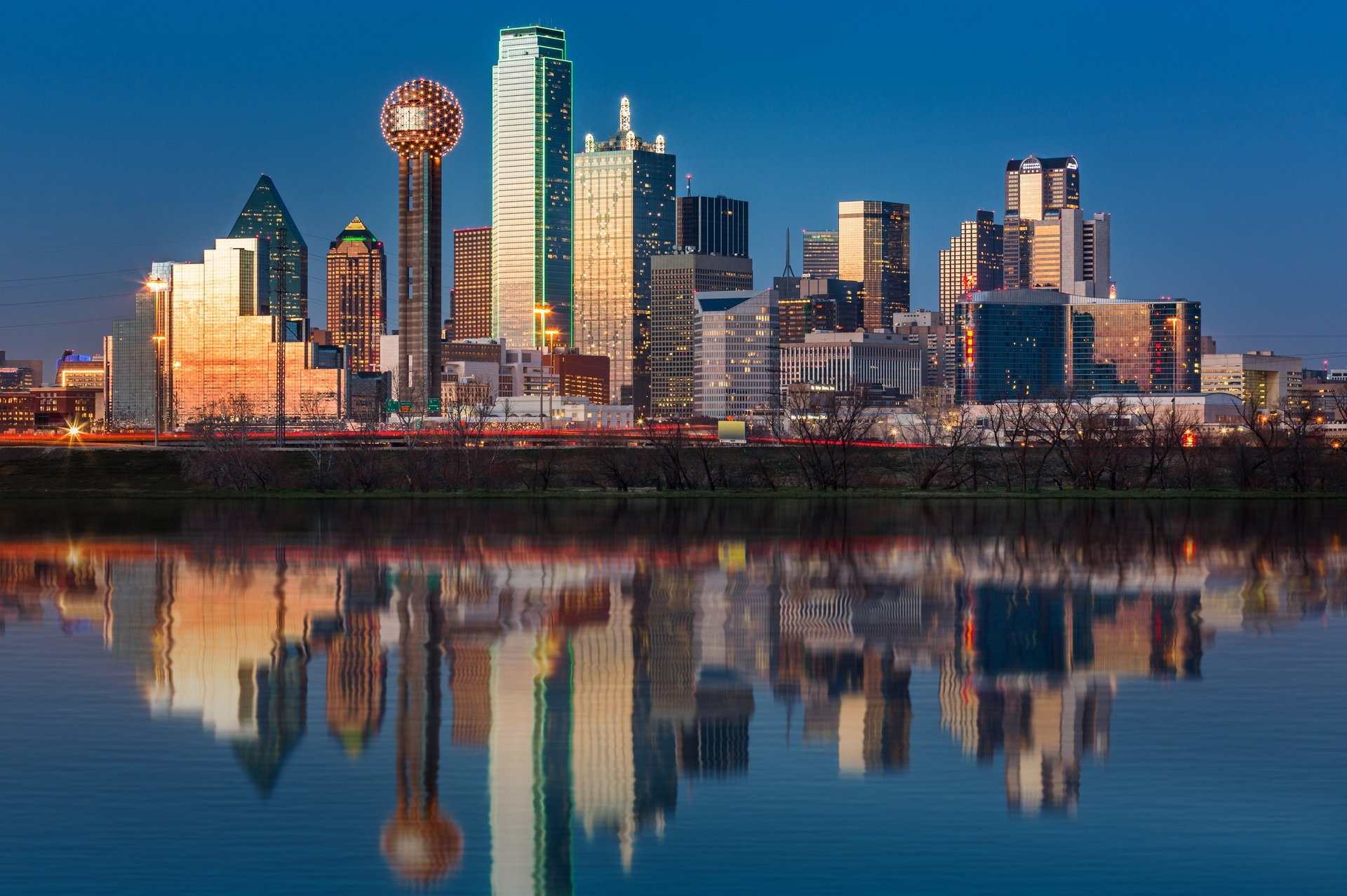 Kansas City skyline with riverfront at sunset