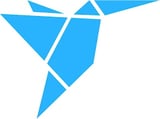 Blue geometric bird logo made of triangular shapes pointing upward